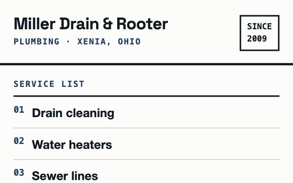 The Invoice — a plumber's site laid out as ruled line items.
